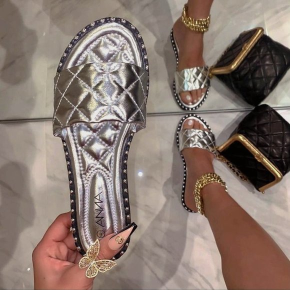 Anna Shoes - $15 HOST PICK 🎊Silver quilted slide sandals